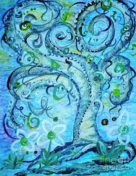 Blue Fantasy Tree Of Life Painting By Eloise Schneider Mote Original acrylic abstract painting, stretched canvas 16″ x 20″, trees, tree of life, river of life, four seasons, childhood. blue fantasy tree of life by eloise schneider mote