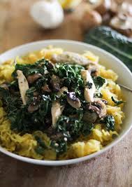 Garlicky Spaghetti Squash With Chicken Mushrooms And Kale Healthy Pasta Alternatives Pasta Alternative Healthy Recipes