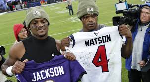 In fact, quarterback deshaun watson traveled in a justin verlander jersey complete with some classic tequila sunrise siding. Deshaun Watson Wrote Mvp On Jersey He Traded With Lamar Jackson
