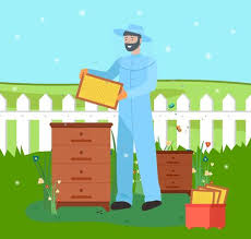 Check spelling or type a new query. Bearded Beekeeper Wearing Blue Protection Suit Hold A Honeycombs Standing At The Bee Garden Near Hives With Flying Bees At Summer Apiarian Costume Beekeeping Hobby Vector Cartoon Style Illustration Tasmeemme Com