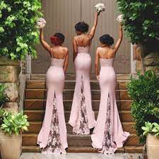 Spaghetti Straps Lace Satin Bridesmaid Dresses Skirt Train Lace Appliques Blush Pink Mermai Mermaid Long Bridesmaid Dresses Satin Bridesmaid Dresses Bridesmaid