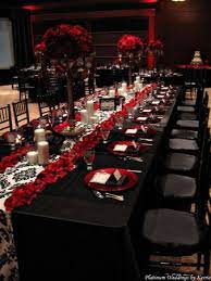 Reception Another Shot Of Black Table Damask Runner Lots Of Red Petals Candles Black And White Centerpieces Gothic Wedding Decorations Dark Wedding