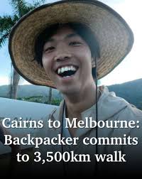 🇯🇵A Japanese tourist has tasted Vegemite and obliterated a pair of shoes  as part of his dream of walking from Cairns to Melbourne with a hand pulled  cart 📍Why he's doing it