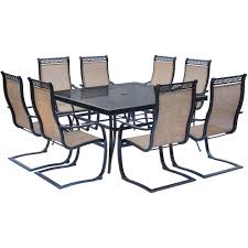 Hanover Monaco 9 Piece Aluminum Outdoor Dining Set With Square Glass Top Table And Contoured Sling Spring Chairs Mondn9pcspsqg The Home Depot Square Glass Dining Table Outdoor Dining Set Patio Dining Set