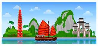 Vietnam Opinión Panorámica Del Día Tran Quoc Pagoda, Barco De Los  Desperdicios, Montañas, Bahía De Halong Ilustración del Vector