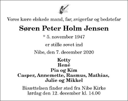 Nedenfor vises personens direkte og indirekte ejerskab i danske virksomheder, samt dennes registrerede roller i det danske erhvervsliv. Dodsannonce For Soren Peter Holm Jensen Nordjyske Dk