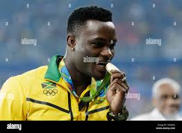 Rio de Janeiro, Brazil. 17 August 2016. Omar Mcleod (JAM) gold medal winner  in the Men's 110m Hurdles at the 2016 Olympic Summer Stock Photo