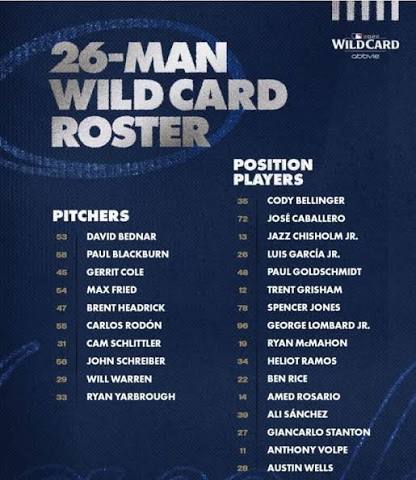 Here it is, the Yankees' 26-man roster for the American League Wild Card Series. They are going with 10 pitchers for this round.