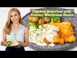 8 ounces sliced button mushrooms 1 cup chicken broth 2 tablespoons half and half 4 cups mashed potatoes (about 5 large russet potatoes, peeled and thickly sliced) Chicken Schnitzel With Creamy Mushroom Sauce Youtube