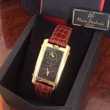 alain frederic paris erkek kol saati orijinal ve etiketli vintage saat altin kaplama celik kasa ve deri kordon dualtime vintage vintagesaat vintagew