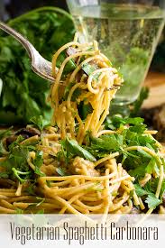 For this easy carbonara recipe, i used bacon instead of pancetta since it's generally easier to find. Vegetarian Spaghetti Carbonara With Vegan Options A Little And A Lot