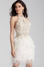 Jovani 45547 Beaded Halter Feather Fringed Cocktail Dress Feather Cocktail Dress Feather Dress Short Short Dresses
