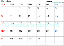 October 2019 Calendar Template Calendar Template 2019 Calendar Monthly Calendar Template