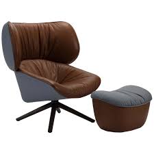 Tan Leather Light Blue Fabric Tabano Swivel Chair And Ottoman B B Italia Chair And Ottoman Chair Modern Leather Swivel Chair