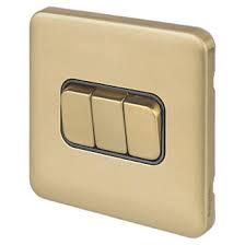 Satin brass victorian 6a rocker light switches. Schneider Electric Lisse Deco 10ax 3 Gang 2 Way Light Switch Satin Brass With Black Inserts Switches Screwfix Com