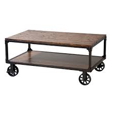 Rectangle Rolling Cart Table With One Lower Storage Shelf Rich Reclaimed Wood Finish Plank Style Top With Black Metal Frame Rivete Coffee Table Wood
