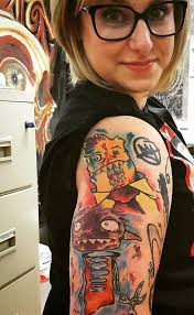 Finished half sleeve. All pieces are paintings from my late husband or  recreations of tattoos he had. By Mark Lamaster in Los Angeles. : r/tattoo