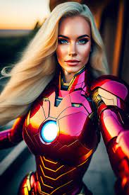 Lexica - Sexy girl in iron man costume, taking selfies with long blonde hair