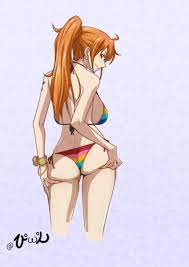kyabakurabakufu, nami (one piece), one piece, highres, 1girl, ass, ass  support, back, backboob, bikini, bracelet, breasts, brown eyes, closed  mouth, colored stripes, cropped legs, earrings, from behind, jewelry, large  breasts, long hair,