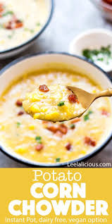 Potato Corn Chowder This Delicious Comfort Food Soup Recipe Is Made With Bacon It S Dairy Free Coconut Mil In 2020 Corn Chowder Dairy Free Soup Potato Corn Chowder