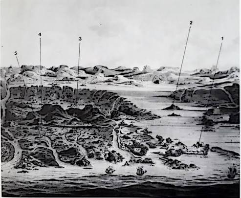 Bird's eye view of Salsette and Bombay Islands from the west, by Robert Cribb, 1803. 1. Bombay Fort 2. Elephanta Island 3. approximate site of Jogesvari cave 4. entrance to Kanheri caves 5. approximate site of Mandapisvara