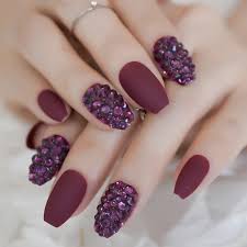 (boîte de 1200) conseils : Faux Ongles En Forme De Cercueil Ballerines Couleur Bordeaux Mat Strass 3d Couleur Vin Rouge Pointes D Ongles Completes Pre Concues Aliexpress