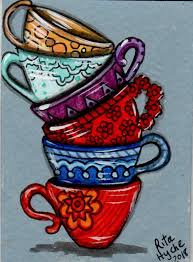 Original Painting Aceo Mini Artwork Stacked Teacups The Leaning Cups Abstract Tea Cup Art Coffee Cup Art Original Paintings