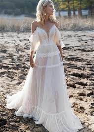 Boho A Line Off The Shoulder Backless Tulle Wedding Dress In 2021 Boho Wedding Dress Bohemian Boho Wedding Dress Lace Beach Wedding Gown