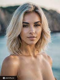 Teenage European Slender Blonde Slim Horny Girl with Green Eyes Posing on  the Beach in Front