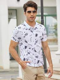 White shirt with floral pattern male. Mens Plant Floral Pattern White Short Sleeve Golf Shirt Cheap Newchic