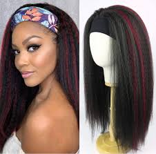 Human hair blend black /red kinky straight wig