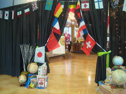 Dancing, crafts, culinary activities, and music too! International Theme Entry Decor International Party Decorations French Themed Parties Party Decorations
