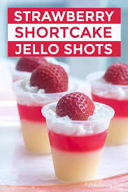 Birthday Cake Jello Shots Recipe I Love These Strawberry Shortcake Jello Shots Made With Vanilla Pudding Strawberry Pucker And Cake Vodka They Tast Jello Shot Recipes Shot Recipes Cake Vodka