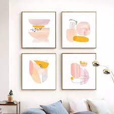 Set Of 4 Prints Pink And Yellow Art Abstract Artwork Mid Century Modern Printable Art 4 Wall Decor Retro Art Pink Abstract Art Yellow Wall Art Geometric Poster