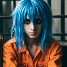 Art. Sal Fisher from "Sally Face". Bangs, shaggy blue hair, orange prison  …" — image created in Shedevrum