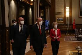 Ursula von der leyen stands as charles michel and turkish president erdogan take seats in ankara © reuters. 3uhee0wefsjrpm