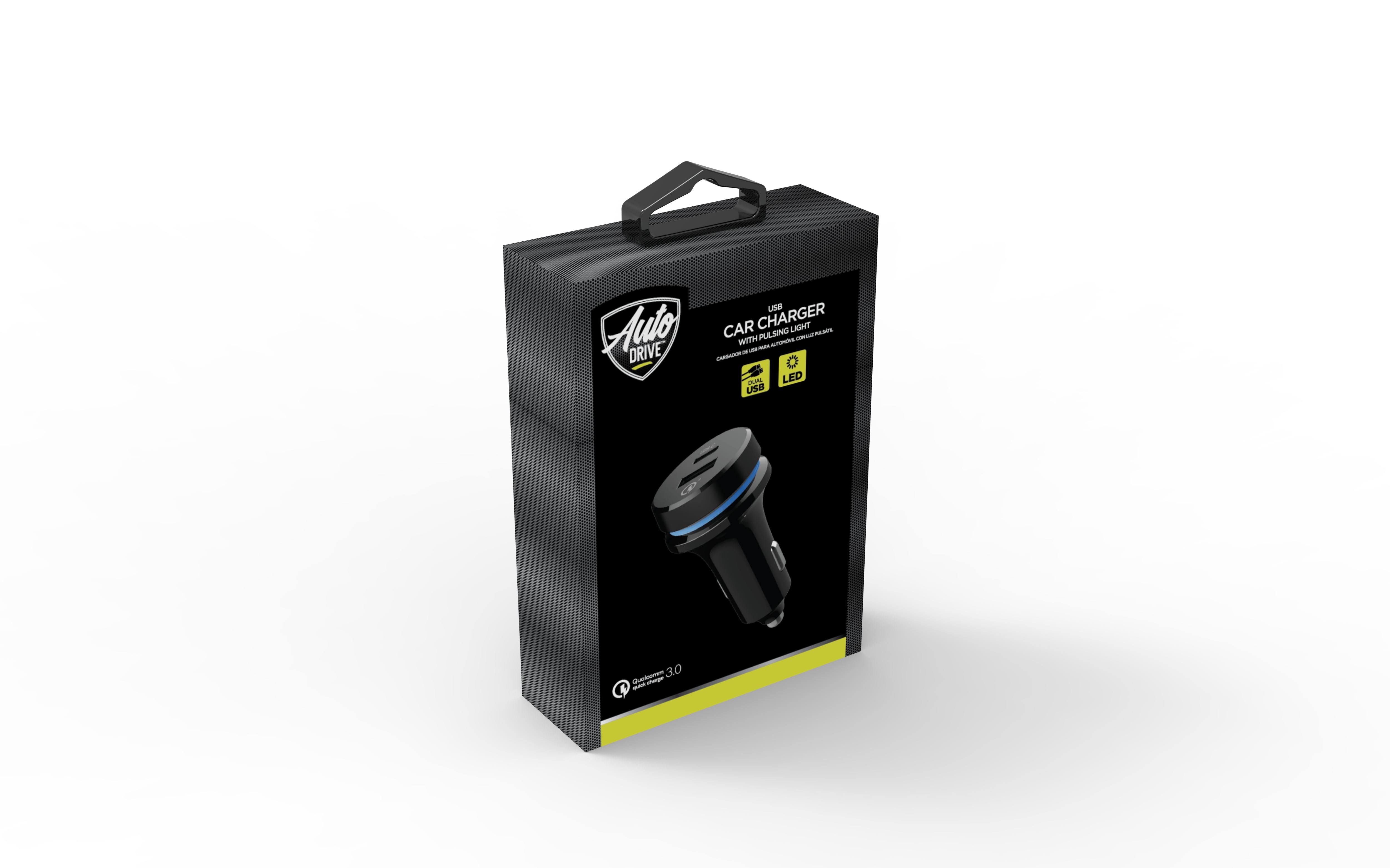 Auto Drive Quick Charge 3.0 Car Charger with Blue and Red Pulsing Light