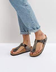 Birkenstock Gizeh Metallic Anthracite Leather Narrow Fit Flat Sandals Resimler