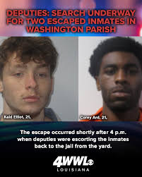 Authorities are actively searching for two inmates who escaped from the  Washington Parish Jail Sunday afternoon. Deputies said Corey Ard and Kaid  Elliot climbed fences topped with barbed wire and remain at