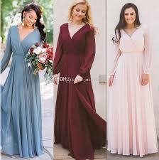 2019 Burgundy Chiffon Bridesmaid Dresses Long Sleeves Western Country Style V Neck Backless Long Beach Wedding Party Dresses Cheap High Street Bridesmaid Dresse Bridesmaid Dresses Long Chiffon High Street Bridesmaid Dresses
