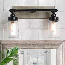 Mason jars(match number of sockets on light fixture) with open top lids. Lnc 2 Light Black Faux Wood Mason Jar Lighting Vanity Bath Light A03478 The Home Depot
