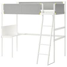 Black shiplap bunk beds in a shared boy's bedroom featuring blond wooden ladders. Vitval Loft Bed Frame With Desk Top White Light Gray Twin Ikea