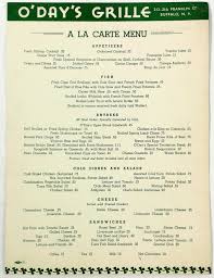 1930 S Vintage A La Carte Menu O Day S Grille Restaurant Franklin St Buffalo Ny Vintage Menu Appetizer Menu Menu