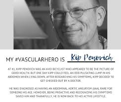 Our #vascularhero is Kip Penovich! At 41, Kipp was an avid bicyclist who  appeared to be the picture of good health. But one day Kipp could feel an  odd pulsating lump in