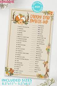 Candy Bar Match Up Baby Shower Game Woodland Press Print Party