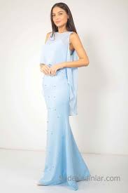 2020 Bebe Mavisi Elbise Modelleri Uzun Kolsuz Tul Pelerin Detayli Incili Elbise Modelleri Elbise The Dress