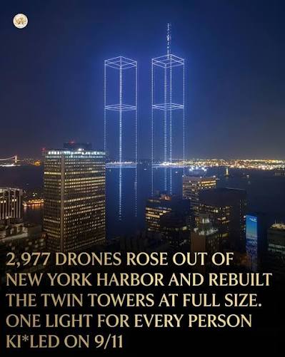 A nighttime drone show illuminated the New York City skyline with the outlines of the former World Trade Center Twin Towers, honoring those killed in the September 11, 2001 terrorist attacks. The