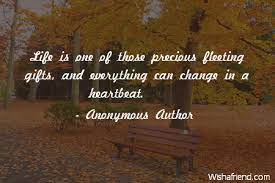 The pain we encounter throughout our days spent on this earth comes from the illusion that some moments can be held onto. Anonymous Author Quote Life Is One Of Those Precious Fleeting Gifts And Everything Can Change In A Heartbeat