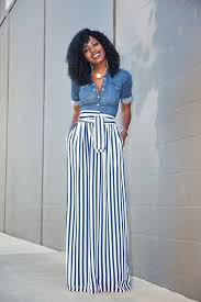 Black And White Striped Maxi Skirt Outfit Ideas Fitted Denim Shirt Striped Maxi Skirt Maxi Skirt Style Skirt Fashion Maxi Skirt Outfits