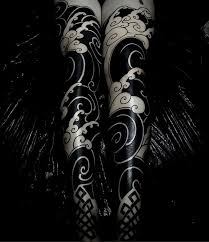 Black And White Japanese Tattoo Leg Sleeve Japanese Inspired Blackwork Leg Sleeve Tattoos By Guyletatooer One Swipe To The Side To See Both P Japanese Sleeve Tattoos Wave Tattoo Sleeve Japanese Tattoo